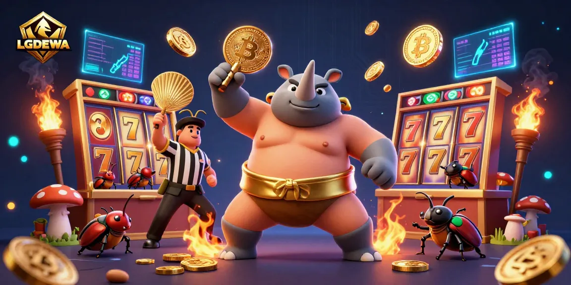 Engage with LGODEWA's thrilling slots experience featuring a sumo champion beetle amid golden coins.