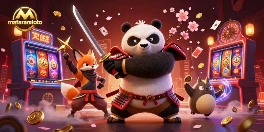 Experience mataramtoto action in a colorful casino scene with samurai panda and ninja fox surrounded by slot reels and golden coins.