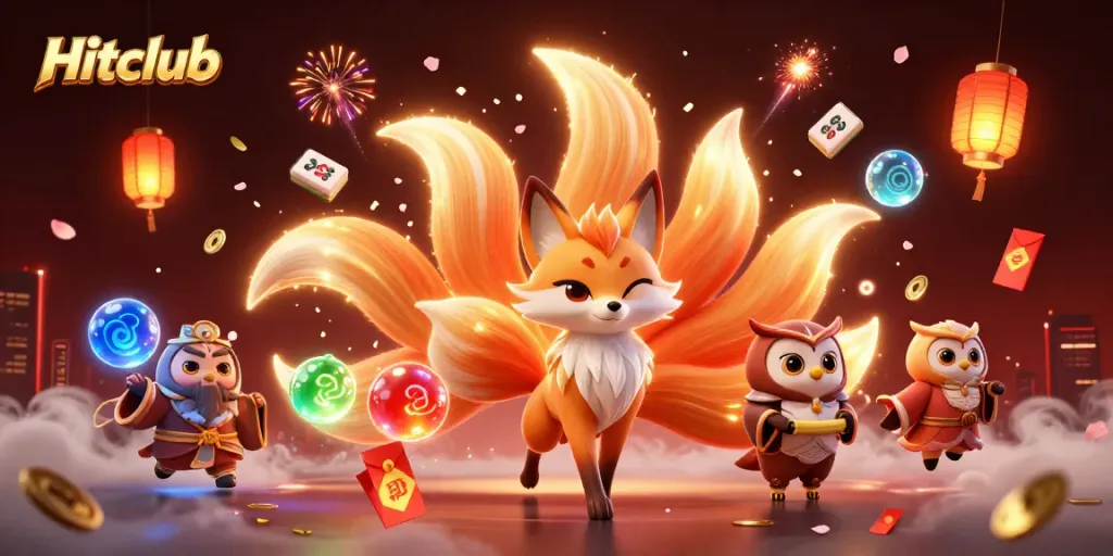 Hitclub's dazzling nine-tailed fox spirit shines brightly among colorful elements in this vibrant casino scene.