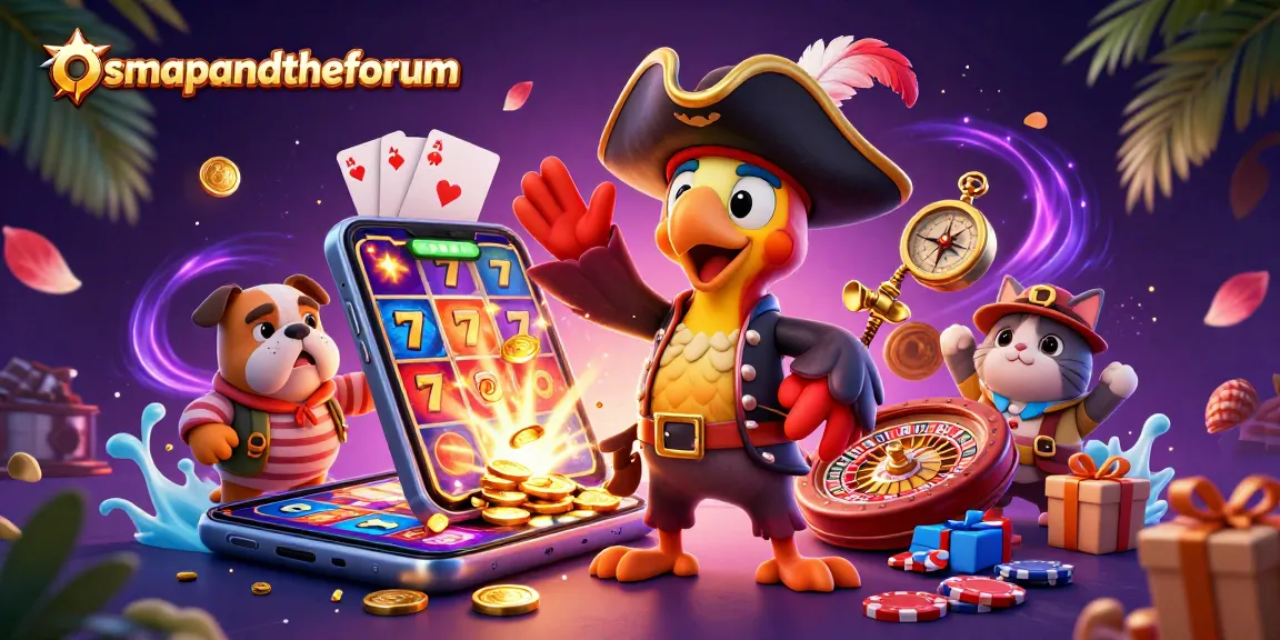 osmapandtheforum offers a vibrant scene of characters enjoying colorful slot games and jackpots.