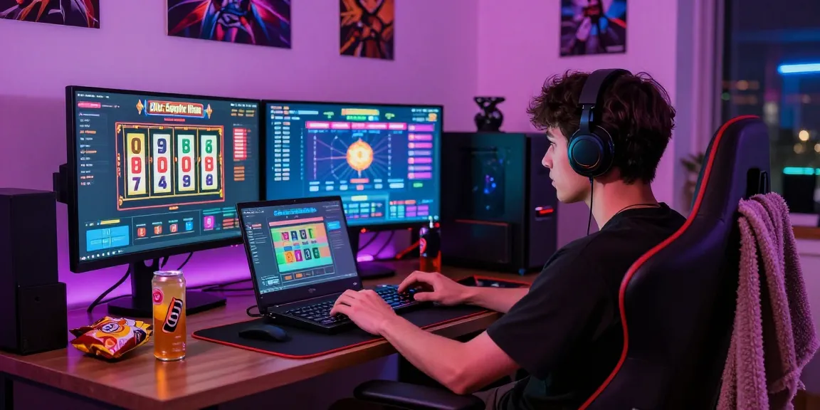 Gaming enthusiast ready to play Slot Scatter Hitam on a laptop, vibrant home atmosphere