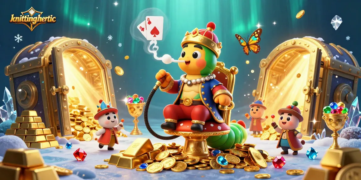 Experience the thrill of gambling with knittingheretic-themed poker symbols and dazzling treasures in this vibrant scene.
