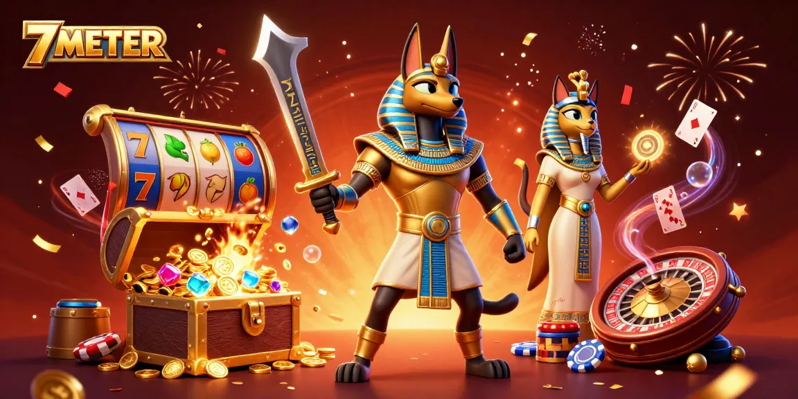 Spin the reels at 7METER and uncover fortune with vibrant 3D Egyptian-themed casino art.