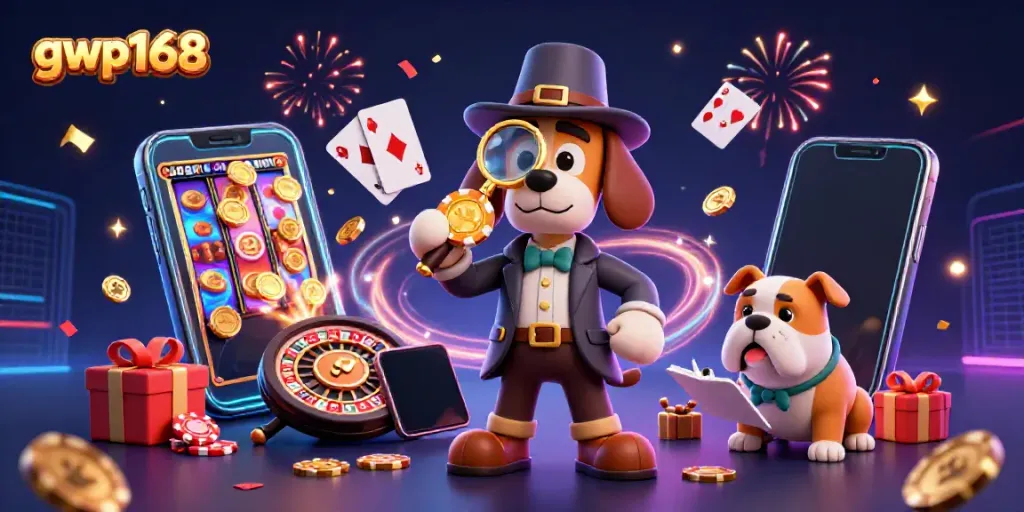 Gwp168 merayakan permainan slot dengan karakter detektif dan koin emas.