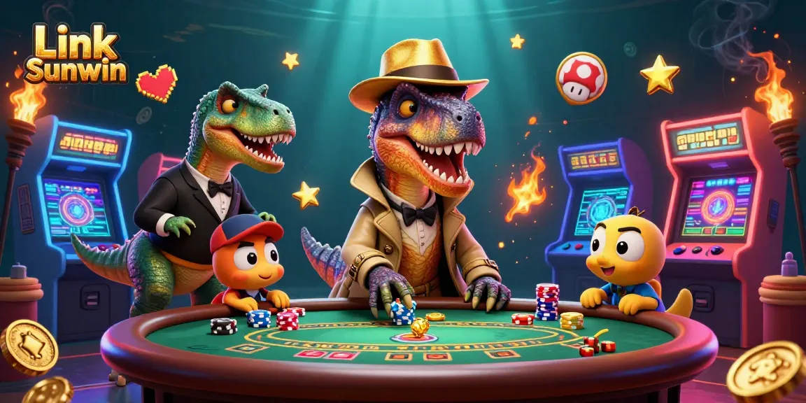 Engage in strategies with Link Sunwin's exciting gaming environment featuring vibrant characters and casino elements.