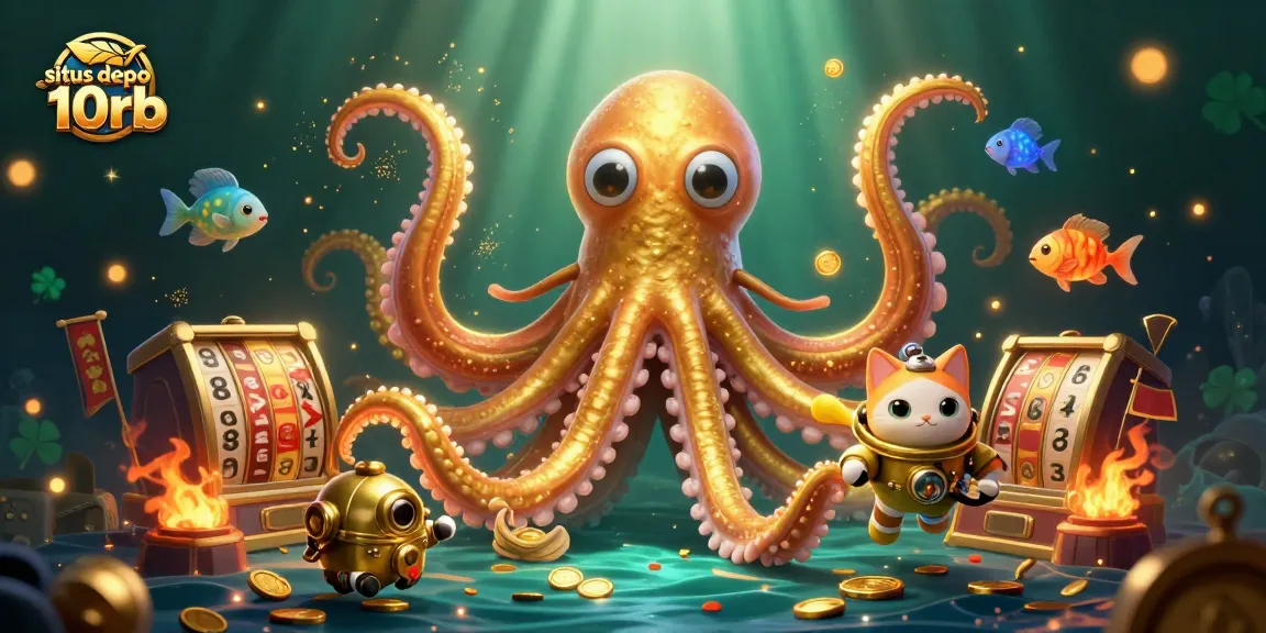 Engage with situs depo 10rb as the kraken guards gold coins amid slot reels and vibrant underwater scenes.