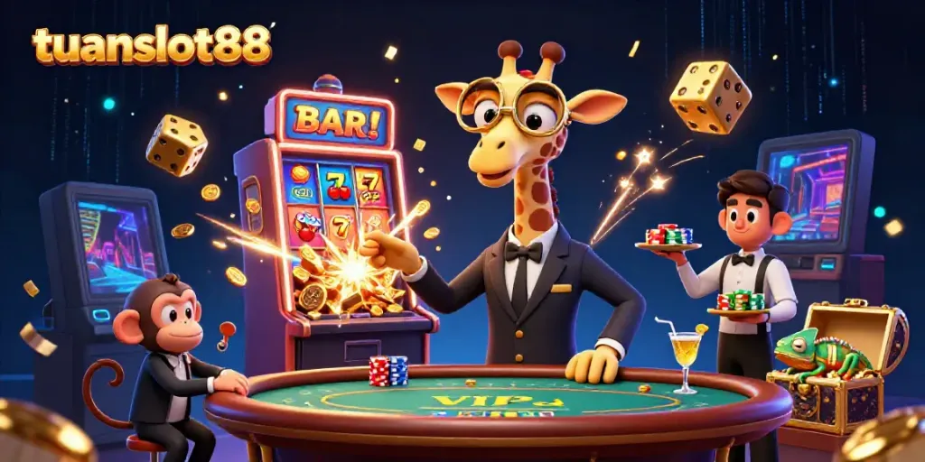 Saat bermain di tuanslot88, rasakan keseruan jackpot dengan simbol slot dan karakter komedi.