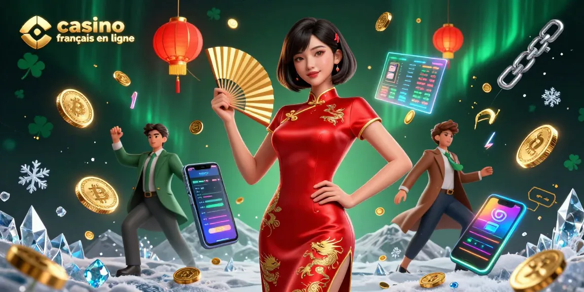 Jouez à des jeux passionnants au casino francais en ligne avec une illustration vibrante d'une femme asiatique, des pièces d'or et des éléments crypto.