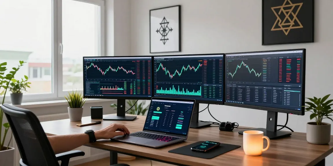 Playexch247 cryptocurrency trading setup with multiple monitors displaying live market data and DeFi analytics in a professional home office environment.