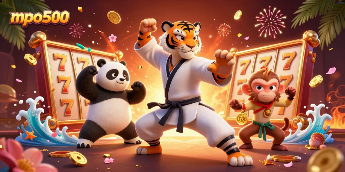 Spin the reels with mpo500 in a vibrant 3D casino scene featuring animated characters and slot game elements.