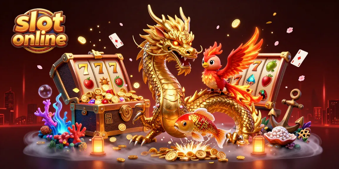 Spin exciting slot online games with a golden dragon, phoenix, and koi fish in a vibrant casino scene