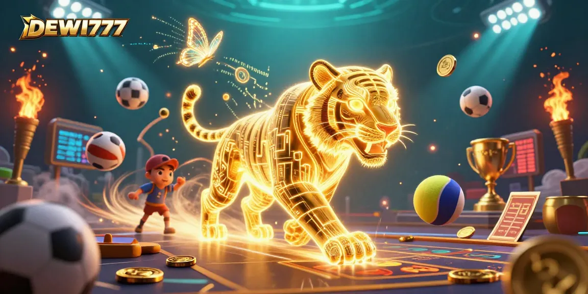 Experience the thrill of DEWI777 in this vibrant 3D casino illustration showcasing dynamic sports elements and golden characters.