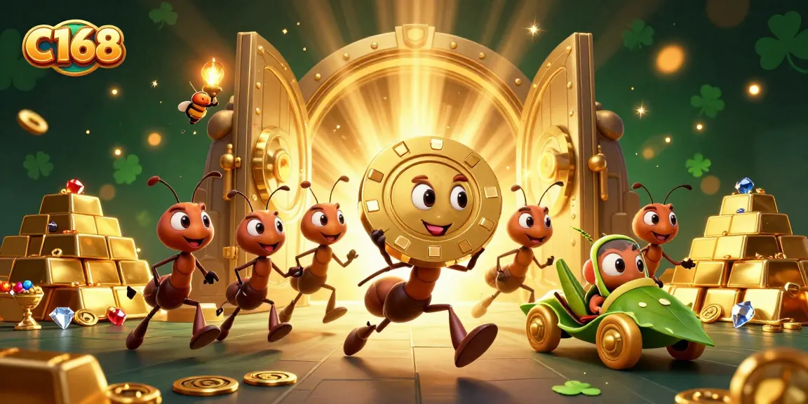 C168 presents a team of ants in an action-packed heist carrying a giant poker chip, surrounded by treasure and shiny gems.