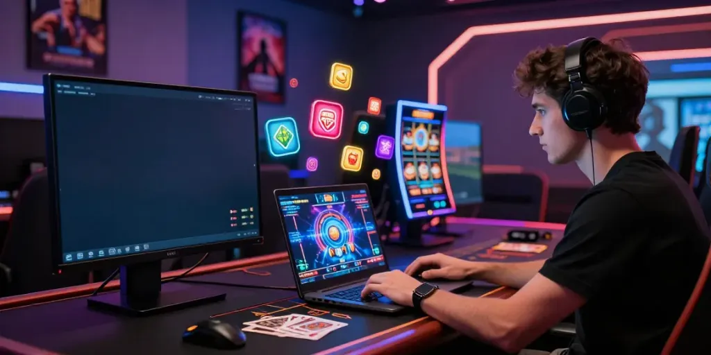 Engaged gamer playing A80 casino games on a laptop with vibrant graphics and LED lights