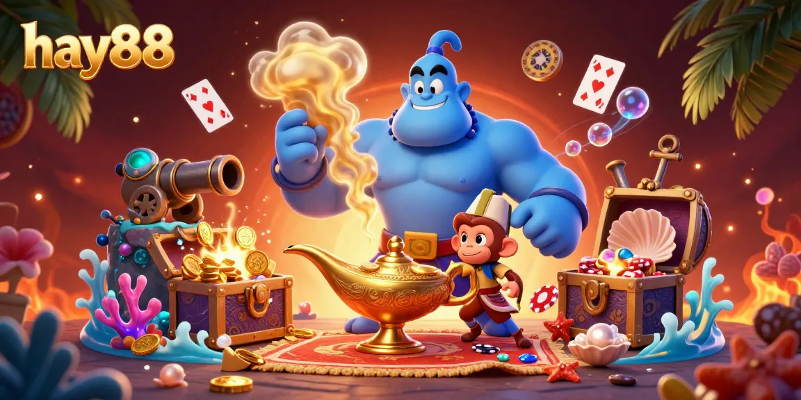 Engage with hay88's vibrant gaming scene featuring a magical genie and poker chips bursting with excitement.