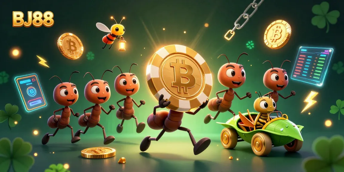 Experience thrilling gaming at BJ88, a vibrant scene filled with ants heisting golden poker chips.