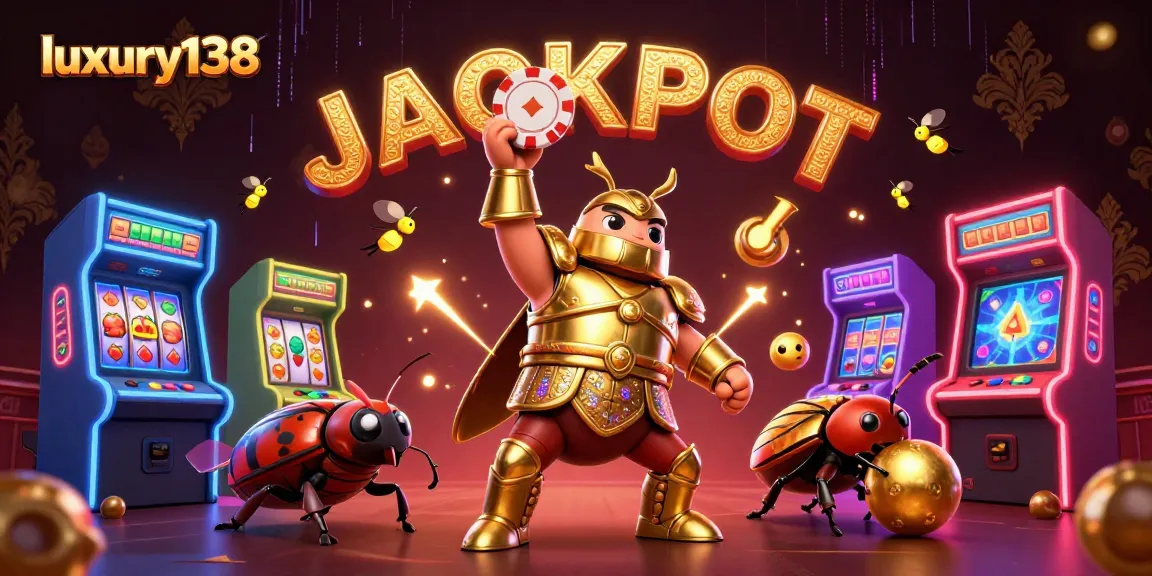 luxury138 features a heroic beetle in armor celebrating a jackpot win with vibrant casino elements