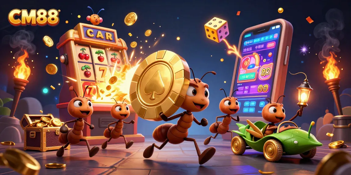 CM88 team of ants running a heist with poker chips and jackpots in a vibrant casino scene