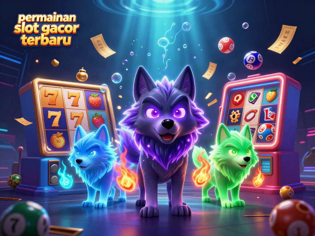 Ilustrasi 3D permainan slot gacor terbaru dengan karakter serigala bercahaya, simbol slot dinamis, dan efek uang jatuh.