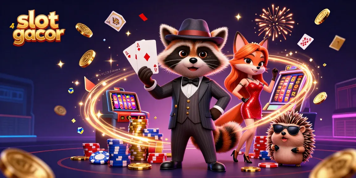 Win big with slot gacor games featuring a suave raccoon, glamorous fox, and stylish hedgehog in this vibrant casino scene.