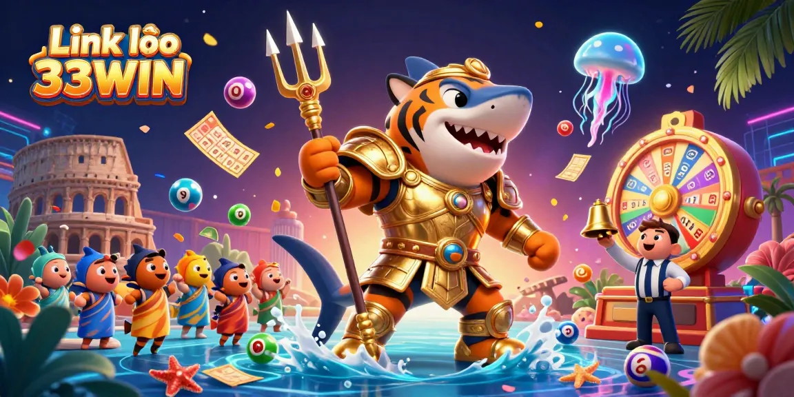 Engage with thrilling gameplay at Link vào 33WIN as vibrant lottery elements and dynamic characters fill the scene.