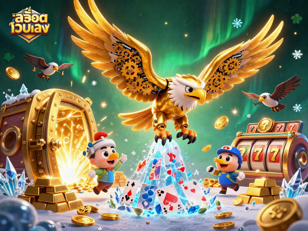 Experience สล็อตเว็บตรง thrills with a golden eagle and jackpot symbols in a vibrant casino scene