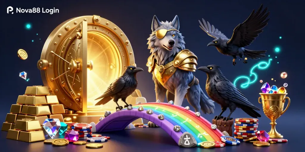 Engage with Nova88 Login through an exciting 3D cartoon scene depicting casino themes.