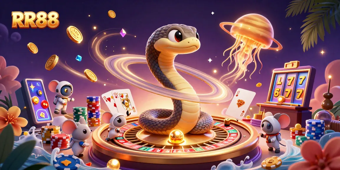 Engage with RR88's thrilling casino experience featuring roulette, bets, and dynamic cosmic elements.