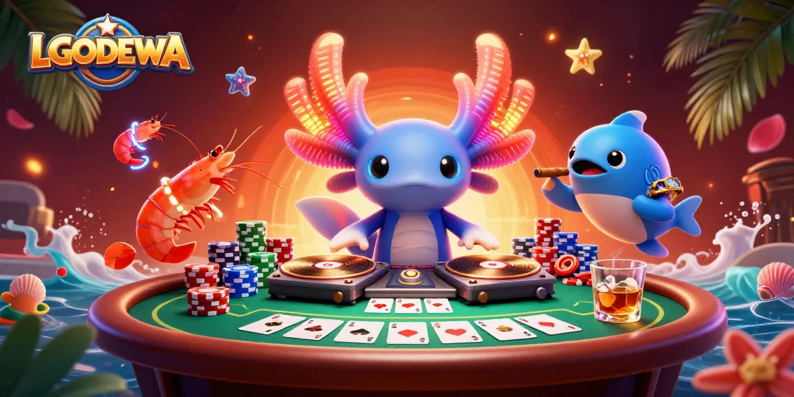 Join LGODEWA's vibrant casino scene with our axolotl DJ and poker game excitement.