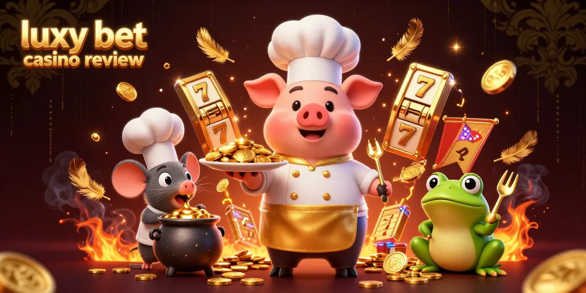 Engage with the luxy bet casino review featuring a vibrant chef pig orchestrating gold coin dishes, amidst dynamic gaming elements.