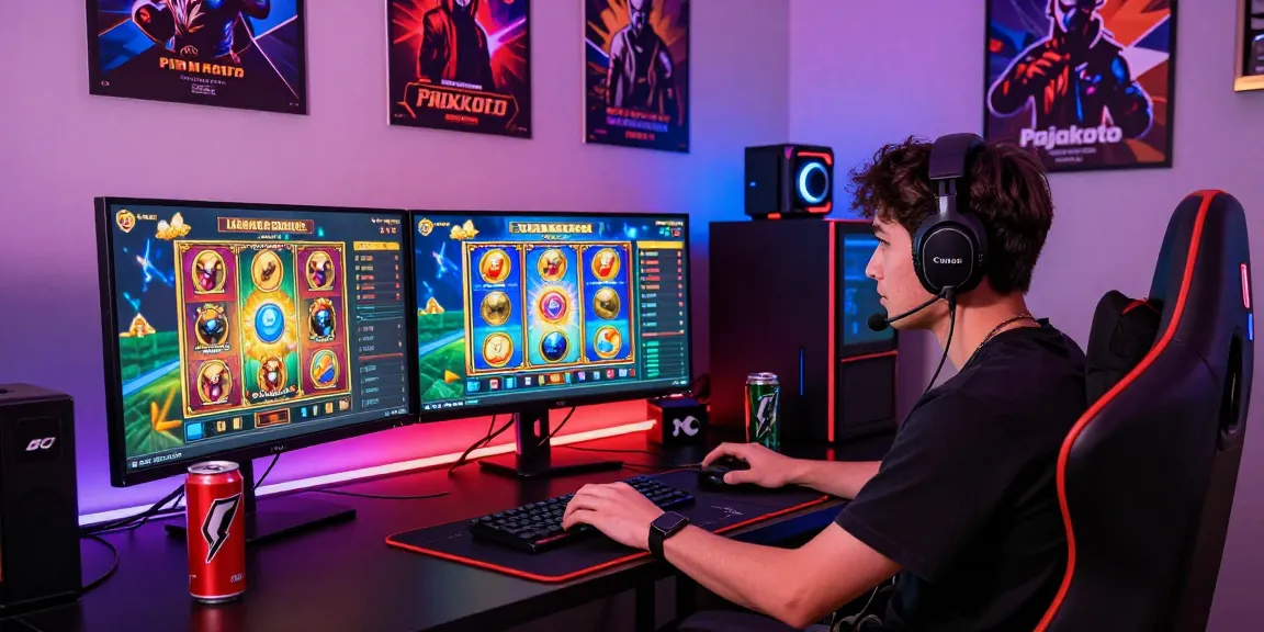 Gamer enjoying pajaktoto with multi-screen setup, energy drinks, and LED lights in a vibrant gaming room.