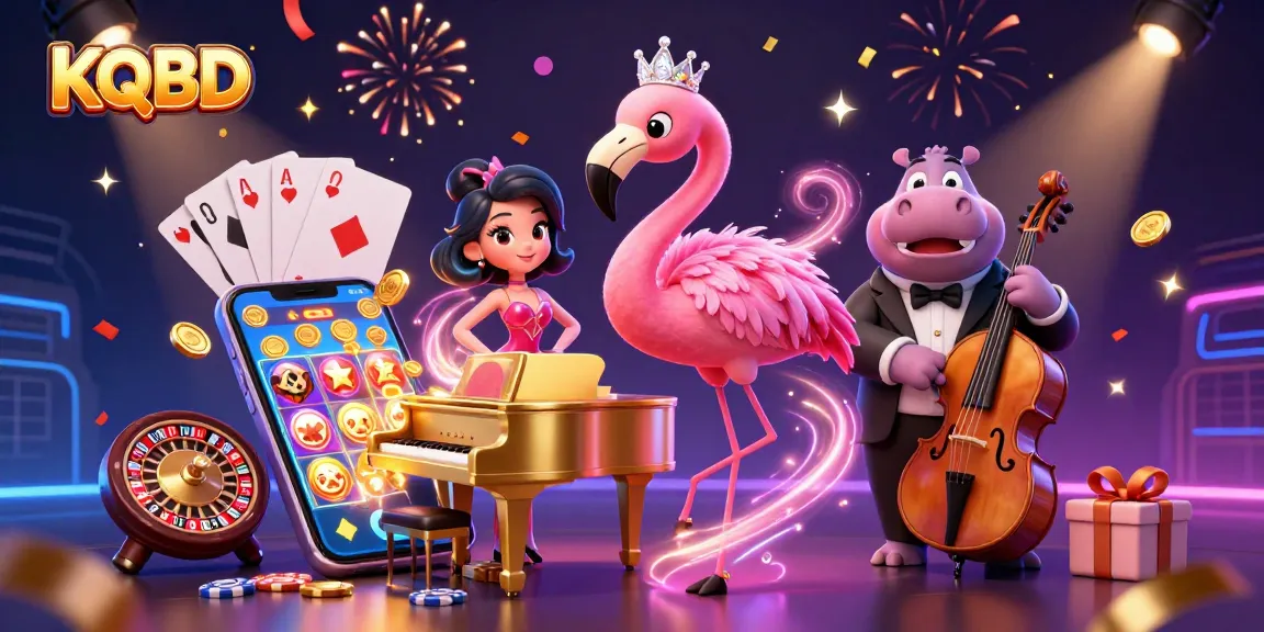 KQBD showcases a vibrant casino scene with a flamingo singer and hippo bassist, featuring dynamic gambling elements.