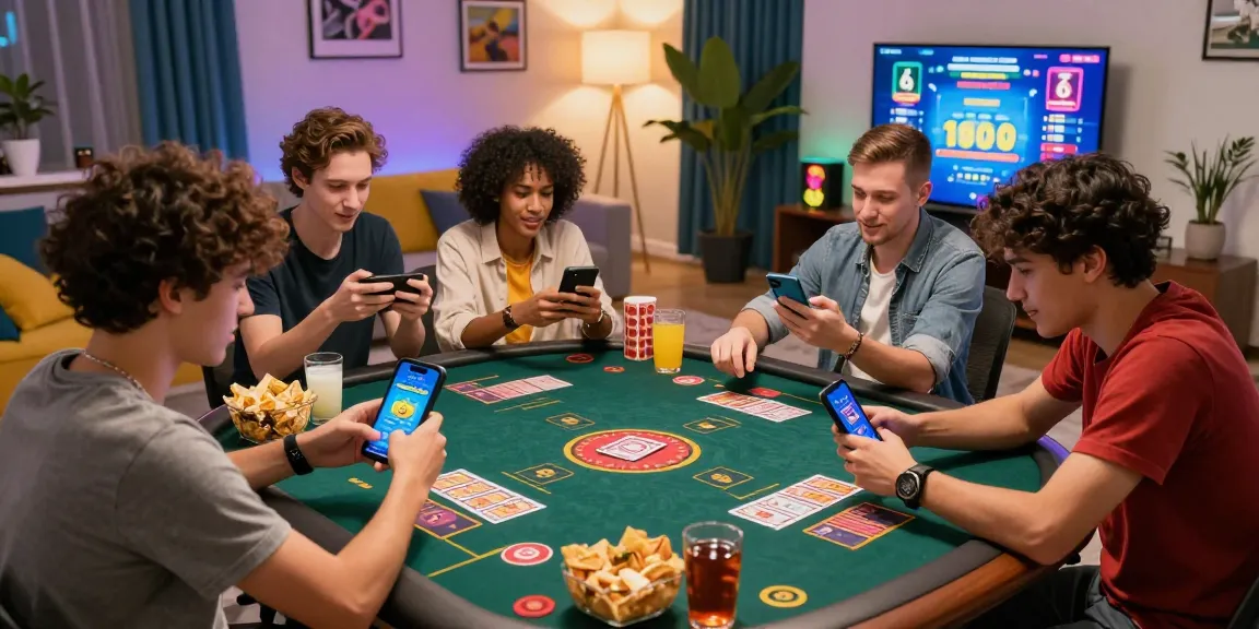 Teen Patti Vegas official site gaming scene with players engaged in card games on mobile devices in a modern atmosphere.
