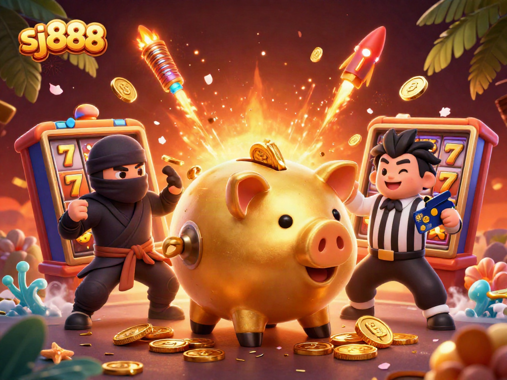 Experience thrilling gameplay with sj888, showcasing a dynamic casino scene featuring a golden piggy bank sumo wrestler.