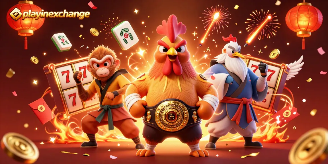 Immerse in playinexchange's exciting slots with a dynamic 3D casino illustration featuring vibrant characters and rich casino elements.