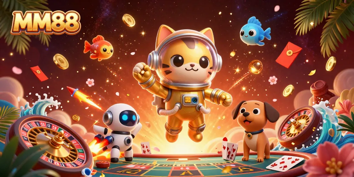 Experience thrilling gameplay at MM88 with vibrant casino elements surrounding a playful cosmic scene.