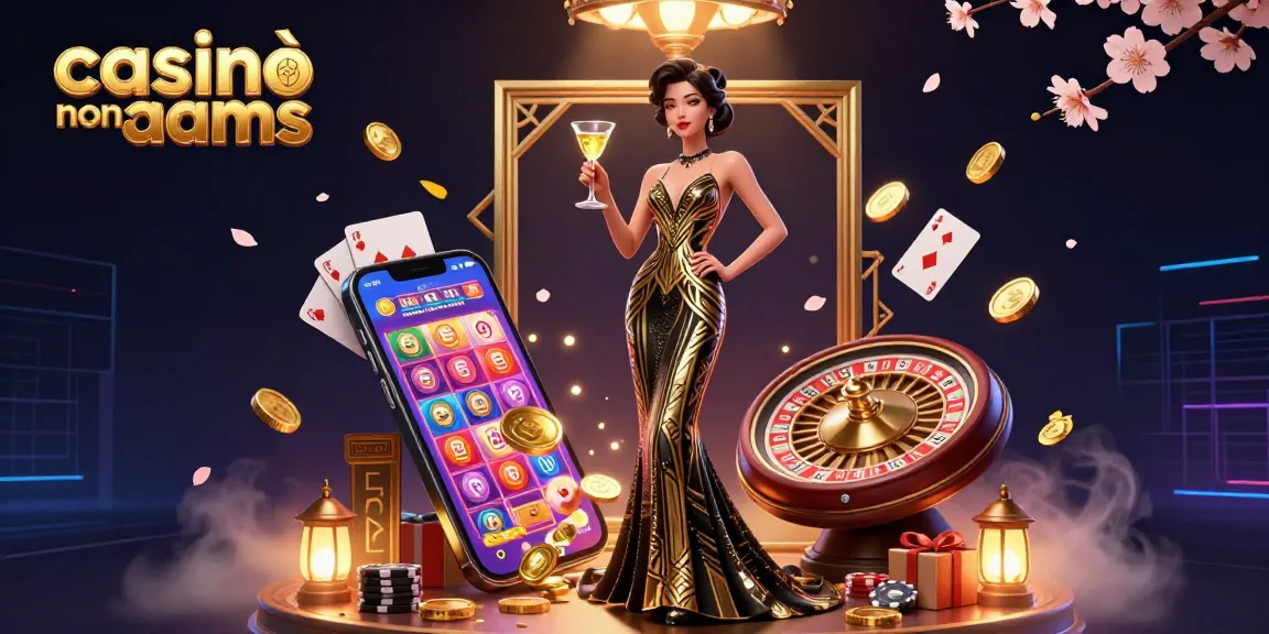 I casinò non AAMS mostrano un'elegante donna asiatica che festeggia con una bevanda dorata in mezzo a vivaci elementi da casinò.