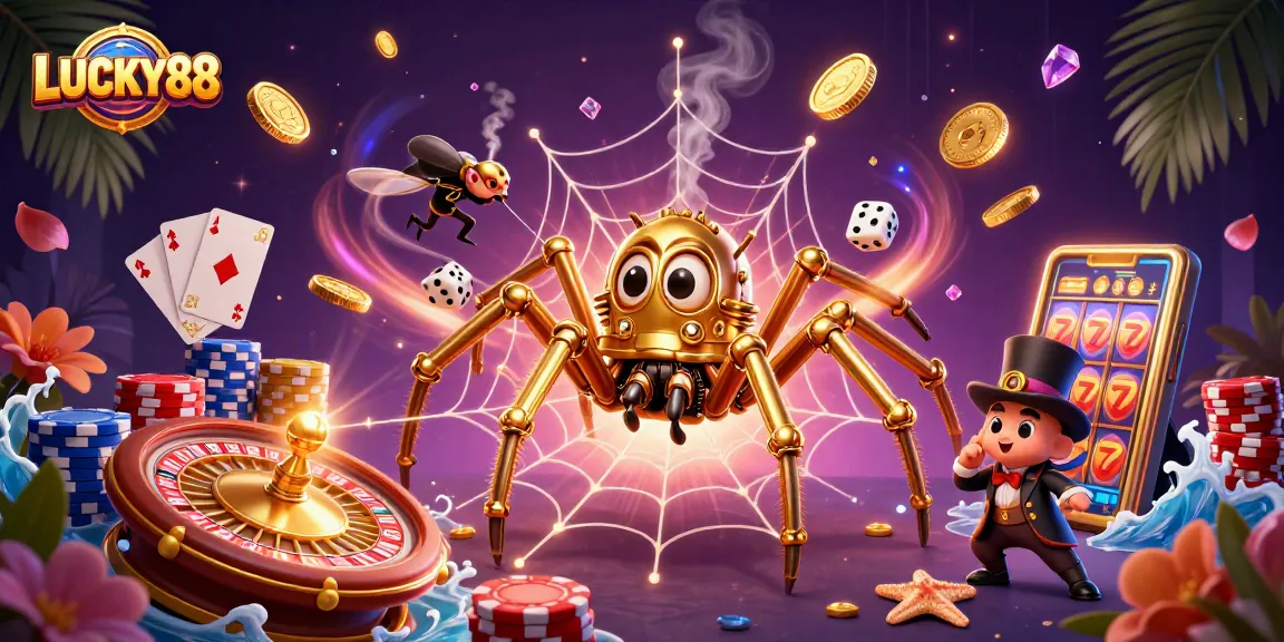 LUCKY88 spins vibrant casino action with golden spider and roulette wheel, creating thrilling ambiance.