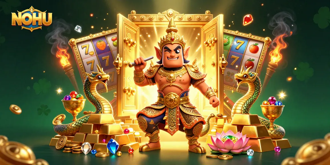 Experience the excitement of NOHU with vibrant slot reels and a gold treasure theme in this dynamic gaming illustration.