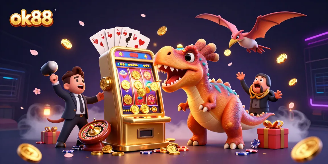 ok88 engaging casino action with cartoon dinosaur and slot machine jackpot chaos amidst vibrant gaming elements