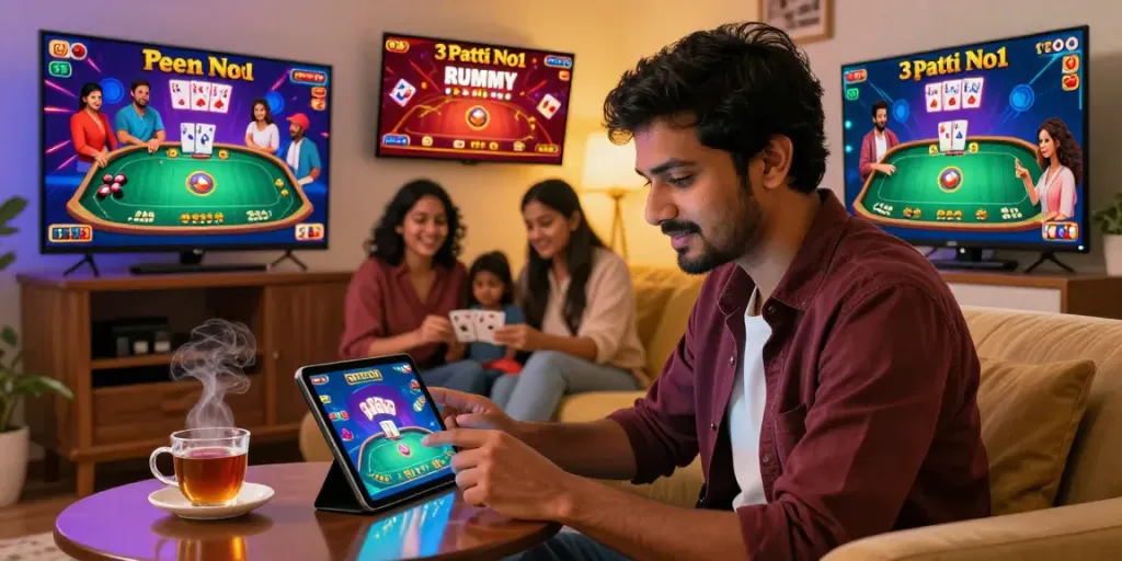 Engaged player enjoying 3 Patti No1 mobile game in vibrant home setting.