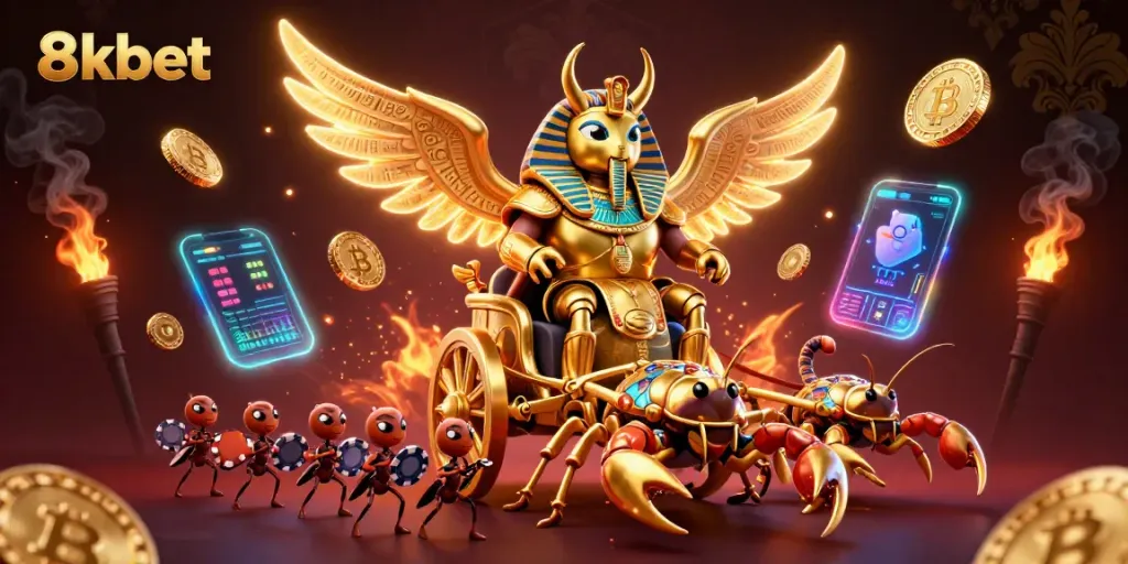 Experience the excitement of 8xbet with a dynamic illustration of a golden scarab and gaming elements.
