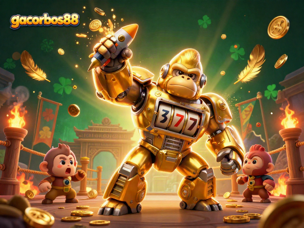 Engage with gacorbos88's thrilling slots, featuring the powerful golden gorilla mech in action.