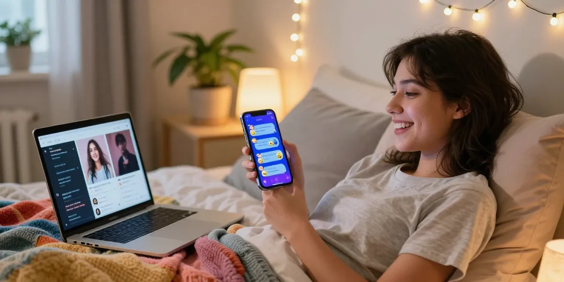 User engaging with a digital AI girlfriend on a smartphone in a cozy bedroom, showcasing emotional connection and modern companionship.