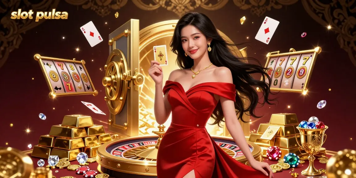 Engage with exciting slot pulsa games featuring a stunning woman beside a golden roulette wheel.