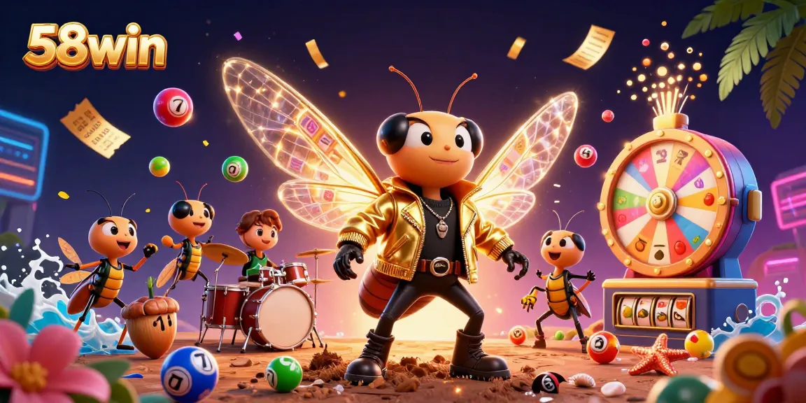 Engage with 58win's dynamic casino scene featuring a rock star cicada amidst vibrant lottery balls and slot reels.