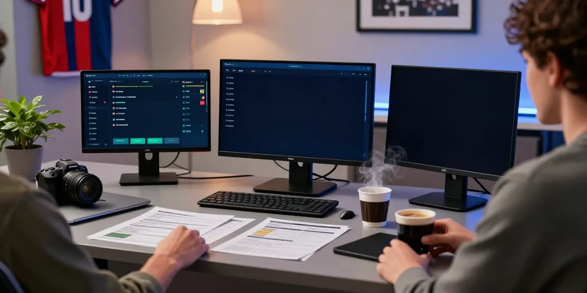 Ufa betting scene with a user analyzing data and sports odds at a stylish desk.