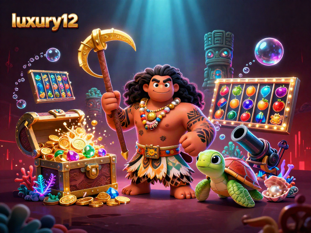 Experience excitement at luxury12 with a playful 3D demigod and treasure-filled underwater scene.