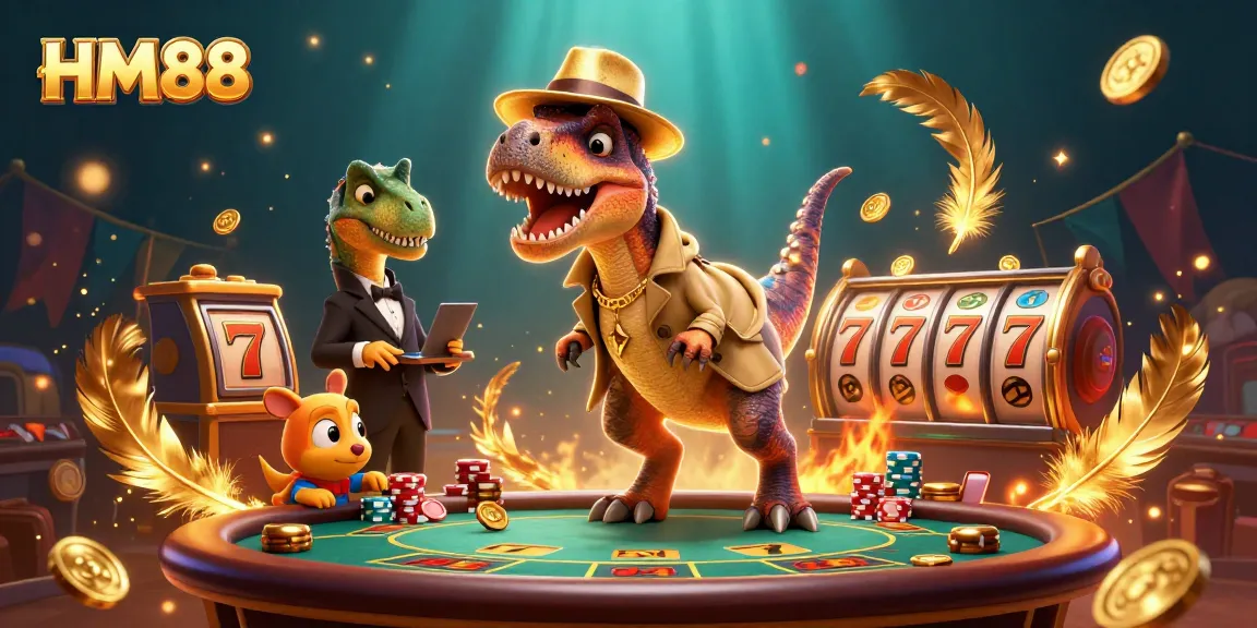 Experience thrilling gameplay at HM88 with a clever velociraptor card counter in a vibrant casino setting.