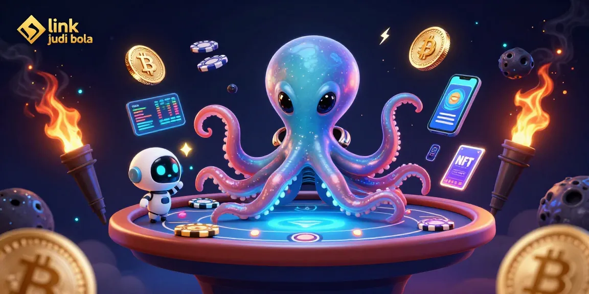 Engage with dynamic link judi bola gaming visuals featuring an alien octopus and robot at a poker table.